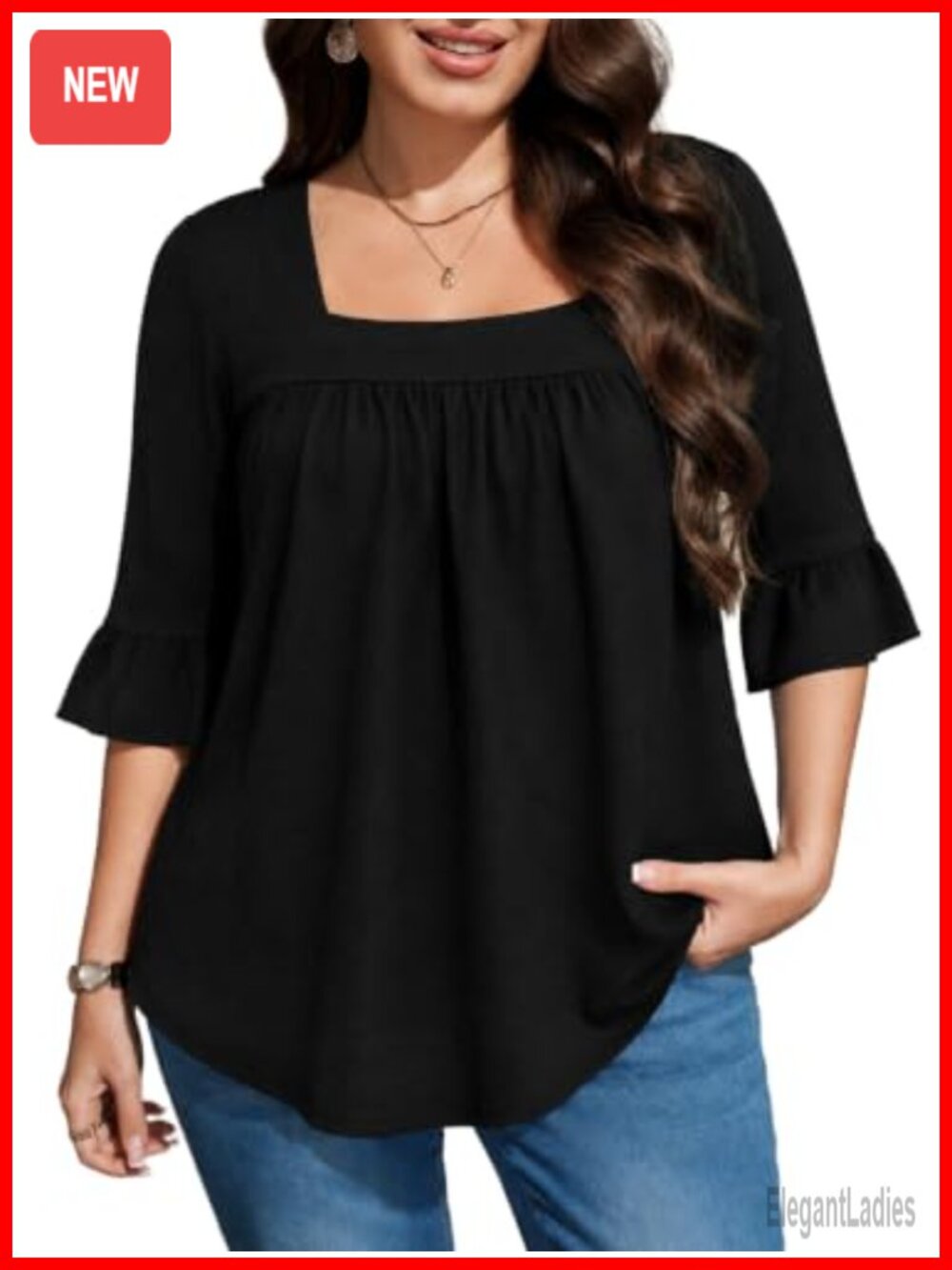 Plus Size Square Neck Ruffle 3/4 Sleeve Flowy Tunic Top Blouse